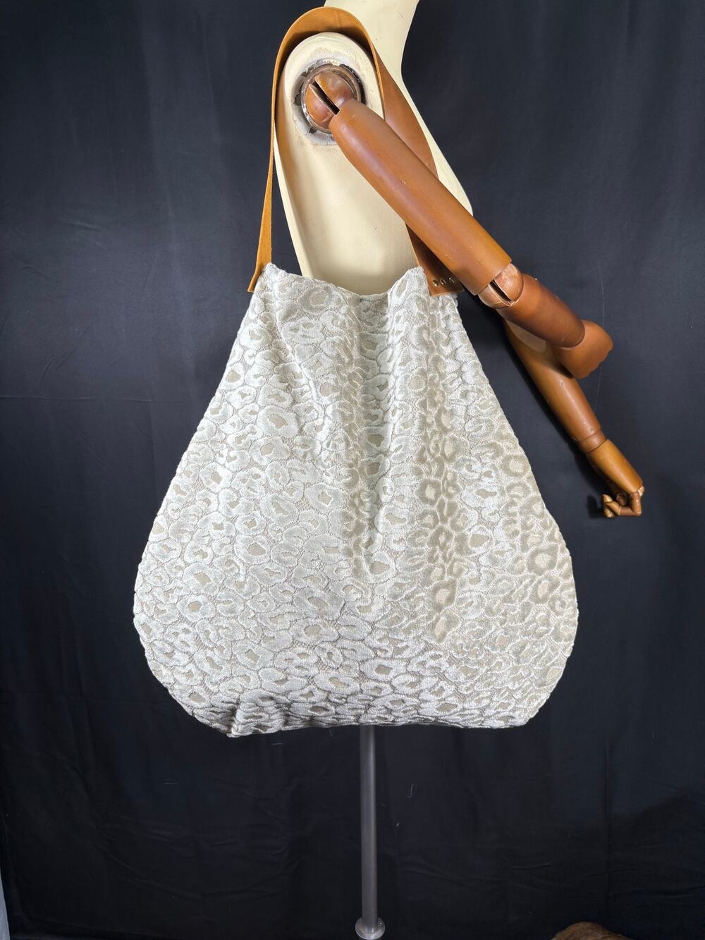 Handcrafted Large Hobo Bag Leopard Velour Designer Fabric Pocket Leather Strap
